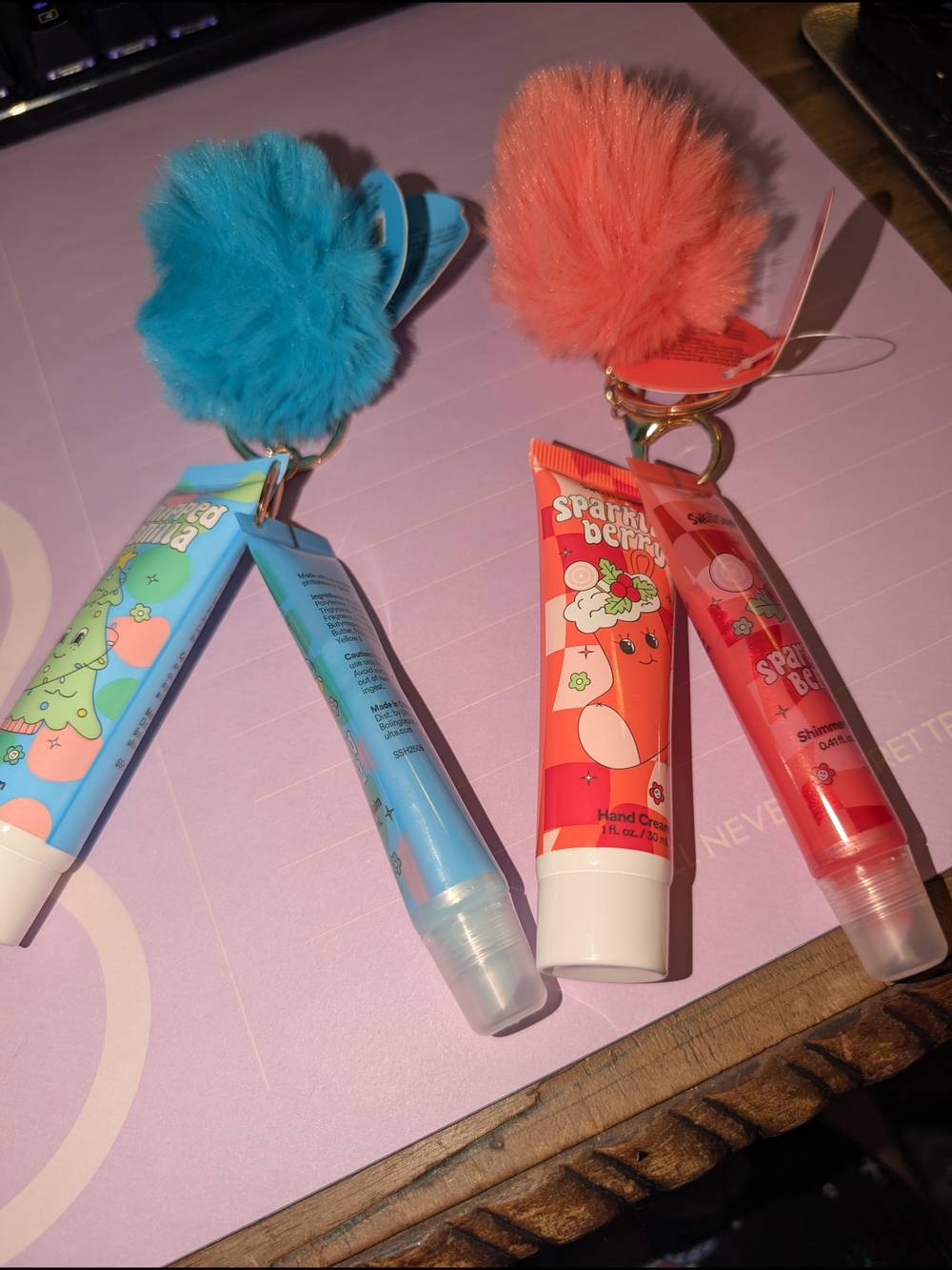 ~Sweet & Shimmer Hand Cream and Lip Gloss Duos featuring pom-pom keychains in "